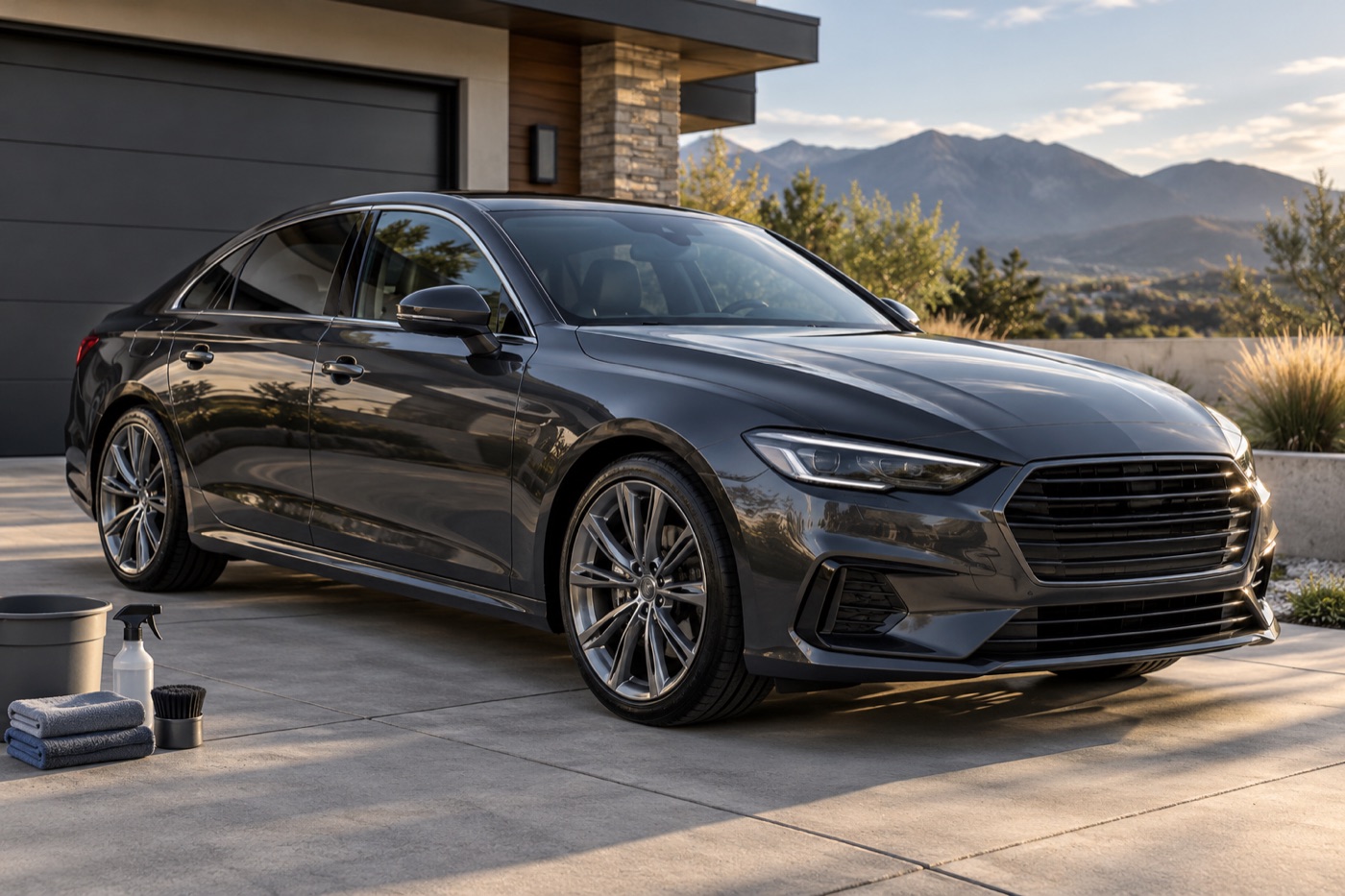 Freshly detailed dark sedan on a residential driveway