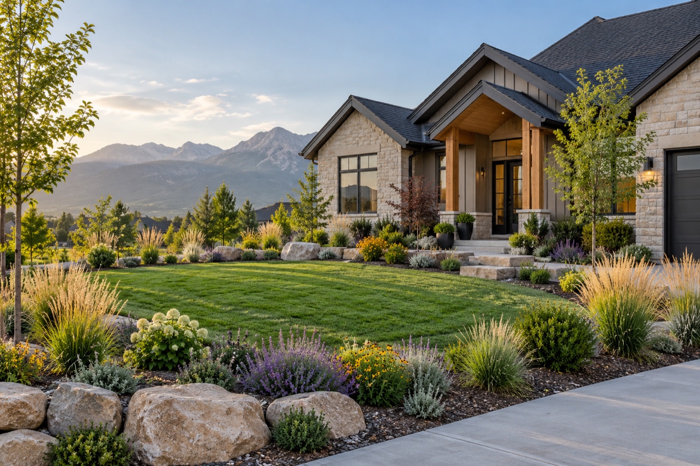 Finished residential landscape with native plantings and mountain views